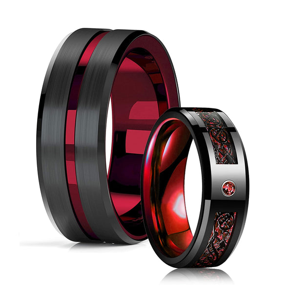 BERRY'S BUYS™ Fashion 8mm Men Red Groove Beveled Edge Stainless Steel Celtic Dragon Ring - Add a Touch of Sophistication to Your Look - Unique Wedding Band and Special Occasion Accessory - 