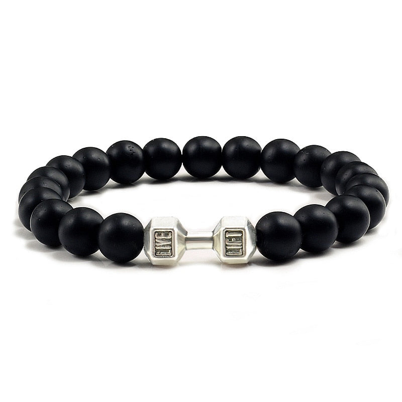 Natural Black Volcanic Lava Stone Dumbbell Bracelet - Showcase Your Passion for Fitness with Styl...