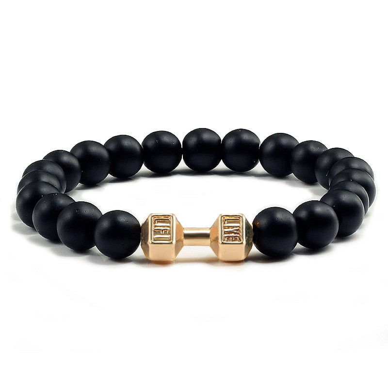 Natural Black Volcanic Lava Stone Dumbbell Bracelet - Showcase Your Passion for Fitness with Styl...