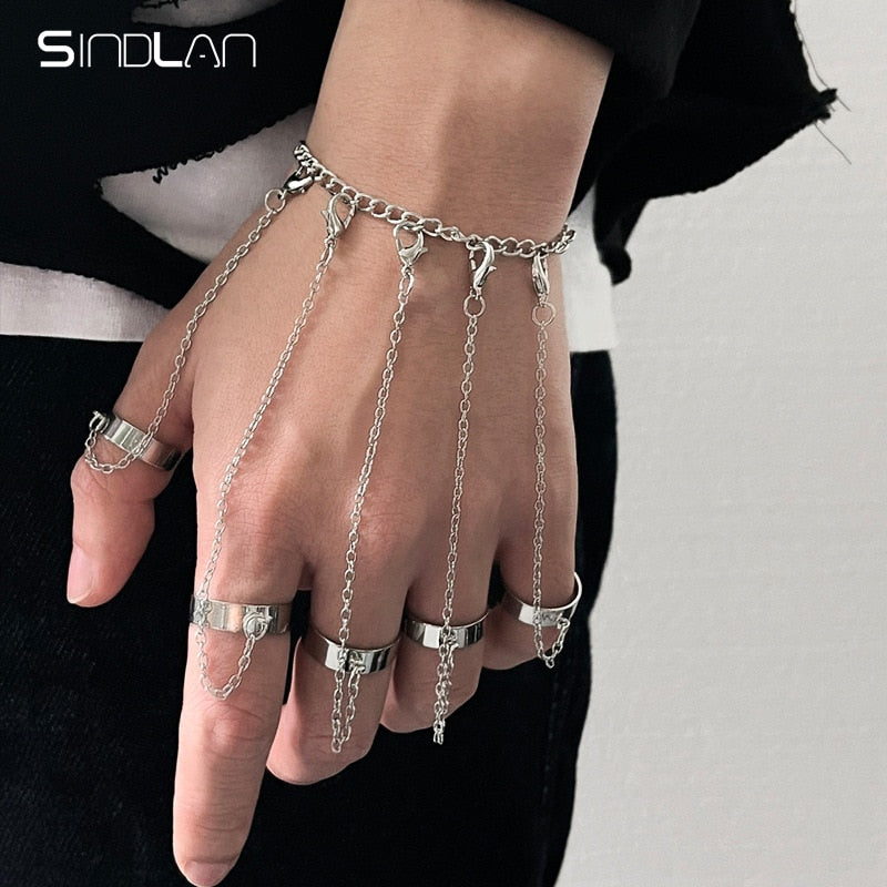 Sindlan Punk Geometric Silver Color Chain Wrist Bracelet for Men Ring Charm Set Couple Emo Fashio...