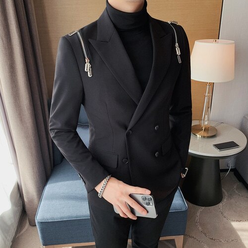 Suit Coat New Autumn and Winter Double Breasted Black Personality Fashion Mens Blazer Jacket - El...