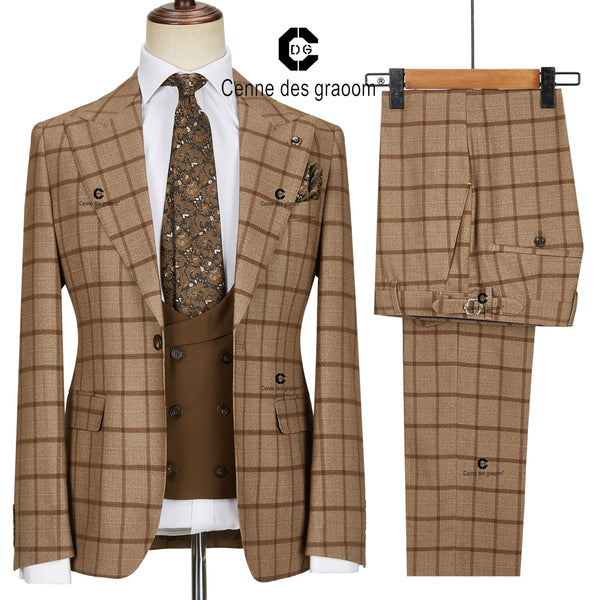 BERRY'S BUYS™ Cenne Des Graoom 2022 Classic Brown Window Pane Checked Plaid Blazer - Elevate Your Style Game with this Must-Have Vintage Suit - Berry's Buys