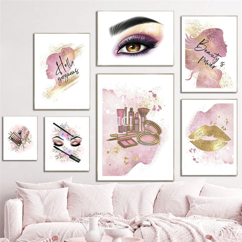 Lipstick Mascara Fashion Gold Lips Canvas Painting - Add Glamour and Style to Your Space - Elevat...