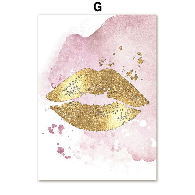 Lipstick Mascara Fashion Gold Lips Canvas Painting - Add Glamour and Style to Your Space - Elevat...