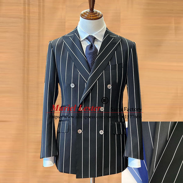 White Pinstripe Black Men's Suit Jacket - Elevate Your Style with Elegance and Sophistication - P...