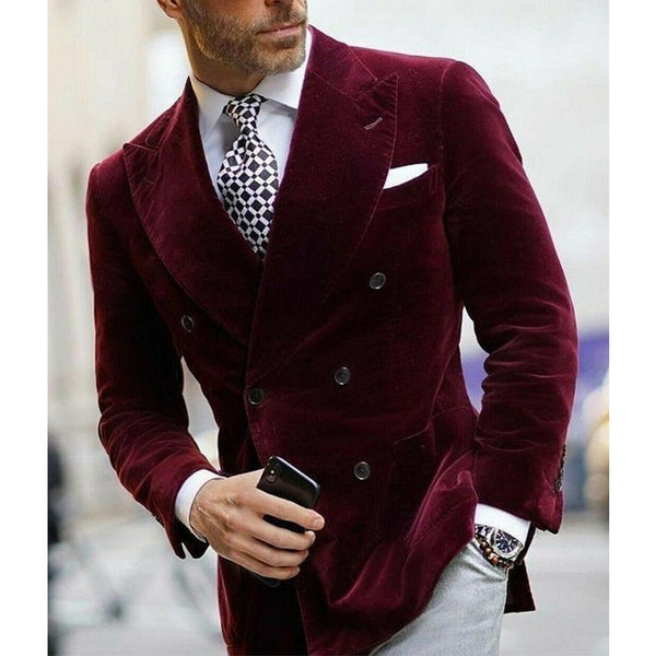 BERRY'S BUYS™ HELAVEWA Men's Burgundy Double Breasted Velvet Blazer - Elevate Your Look with Italian Elegance - Perfect for Special Occasions - Berry's Buys