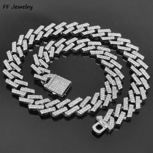 BERRY'S BUYS™ Hip Hop Men 15MM Prong Cuban Link Chain Necklace - Elevate Your Look with Rhinestone Paved Miami Rhombus Design - Perfect Accessory for Any Outfit - Berry's Buys
