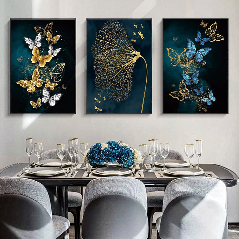 Nordic Gold Blue Butterfly Leaf Gilt Picture Wall Poster - Elevate Your Space with Modern Art - D...