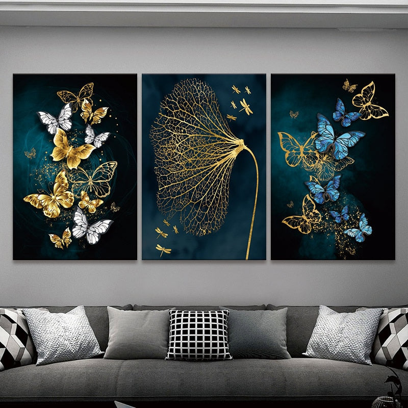Nordic Gold Blue Butterfly Leaf Gilt Picture Wall Poster - Elevate Your Space with Modern Art - D...