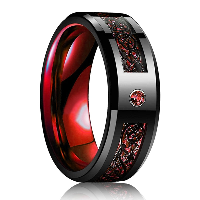 BERRY'S BUYS™ Fashion 8mm Men Red Groove Beveled Edge Stainless Steel Celtic Dragon Ring - Add a Touch of Sophistication to Your Look - Unique Wedding Band and Special Occasion Accessory - 