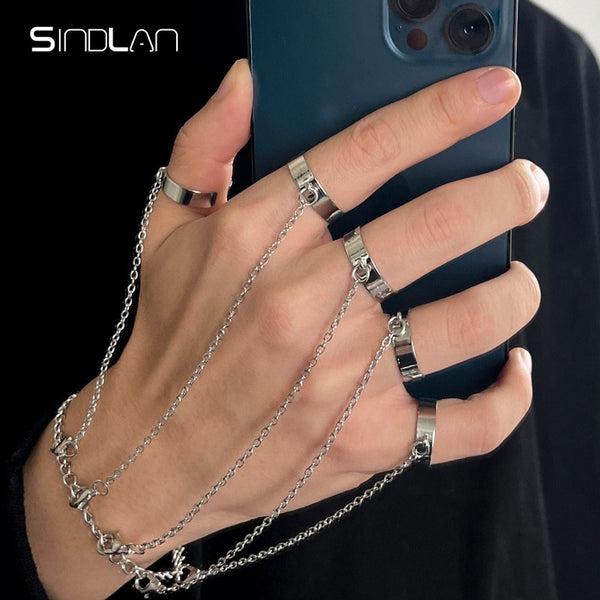 Sindlan Punk Geometric Silver Color Chain Wrist Bracelet for Men Ring Charm Set Couple Emo Fashio...