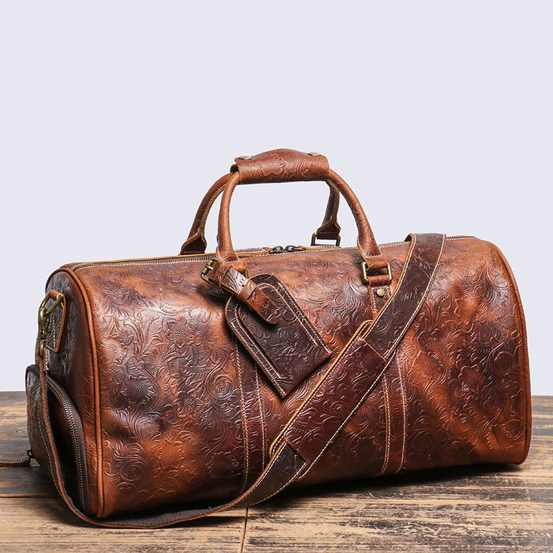 LEATHFOCUS Vintage Embossed Handbag - Travel in Style with Durable and Spacious Leather Duffle Bag