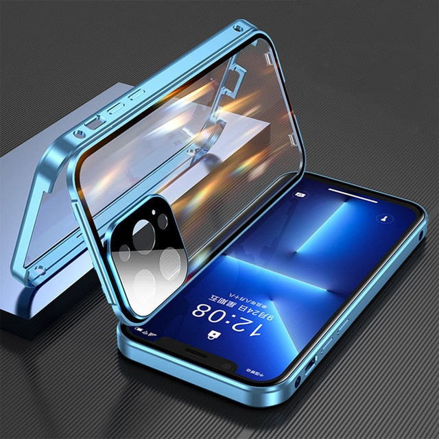 BERRY'S BUYS™ 360 Full Protection Metal Magnetic Double Sided Glass Snap Lock Case - Protect Your iPhone 14 Pro in Style - Anti-Fingerprint, Non-Slip Grip, and Easy Installation - Berry's B