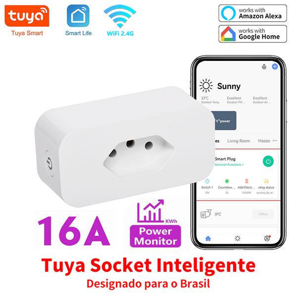 Tuya 16A Brazil Standard WiFi Smart Plug - Control Your Home from Anywhere - Monitor and Save Energy