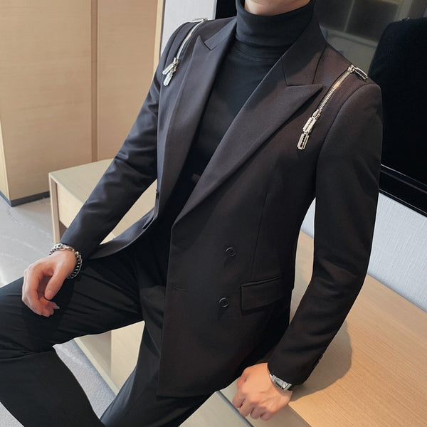 Suit Coat New Autumn and Winter Double Breasted Black Personality Fashion Mens Blazer Jacket - El...