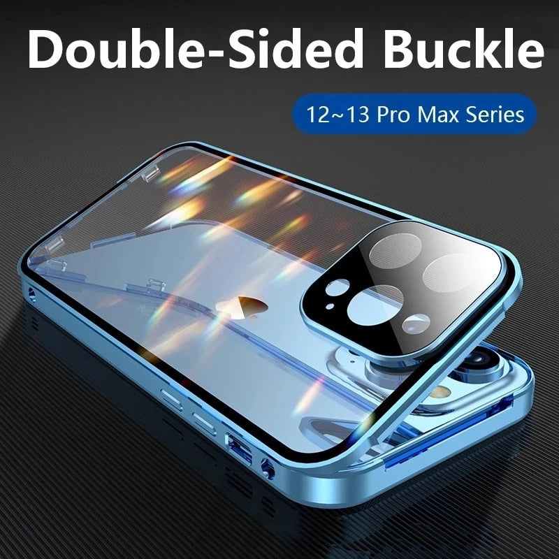 BERRY'S BUYS™ 360 Full Protection Metal Magnetic Double Sided Glass Snap Lock Case - Protect Your iPhone 14 Pro in Style - Anti-Fingerprint, Non-Slip Grip, and Easy Installation - Berry's B