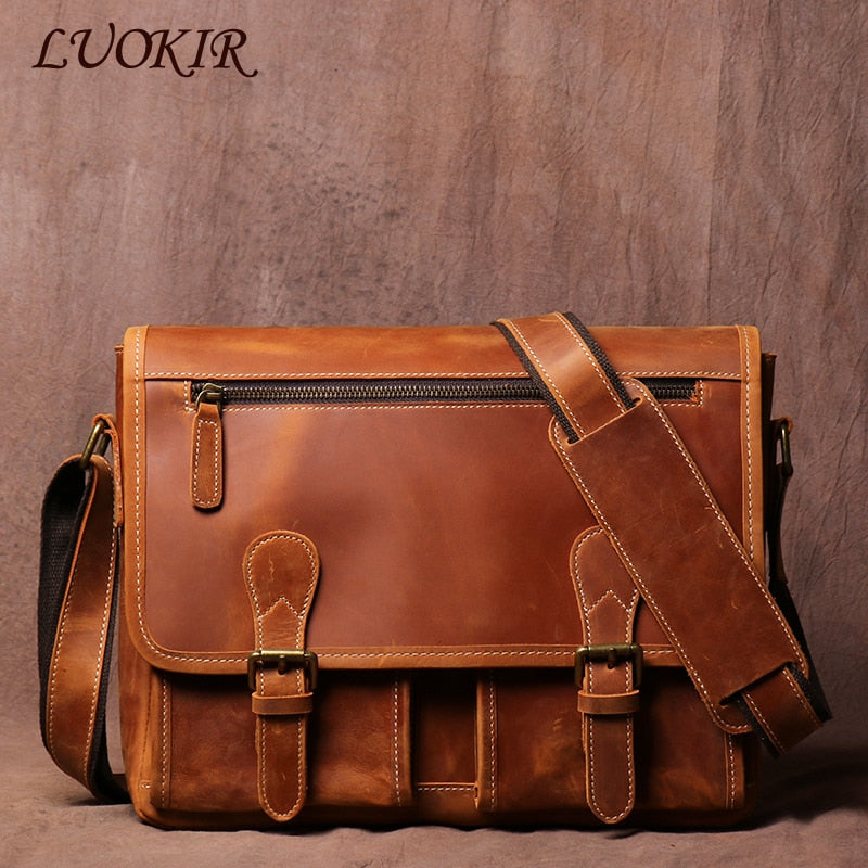 LUOKIR Vintage Crazy Horse Leather Messenger Bag - Make a Statement with Style and Functionality ...