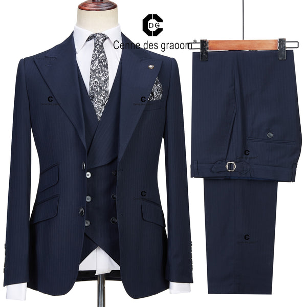 BERRY'S BUYS™ Cenne Des Graoom Dark Blue Pinstripe Suit - Elevate Your Style with Classic Sophistication and Modern Silhouette - Berry's Buys