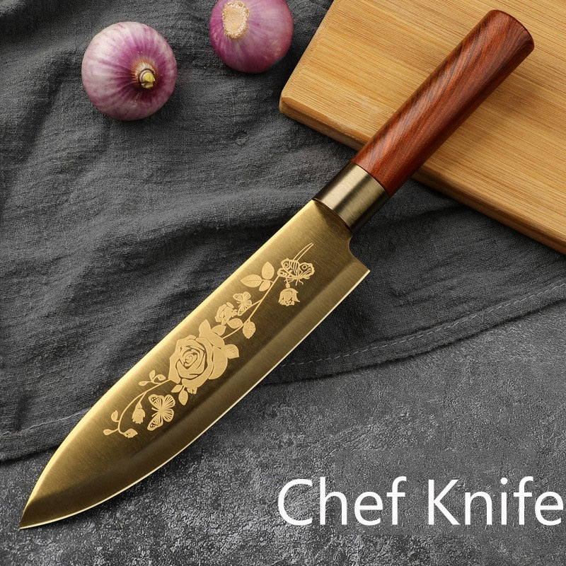 New Style Golden Titanium Plated Kitchen Knives - Elevate Your Cooking Experience with Style and ...